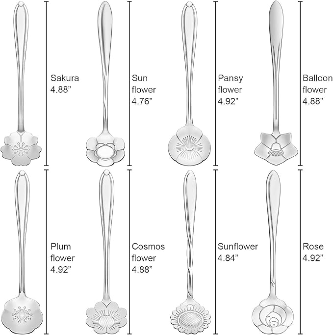 Chengu 8 Pieces Flower Coffee Tea Spoons Stainless Steel Sugar Spoons Tea Party Flower Fancy Tableware Set Stir Bar Creative Stirring Teaspoon, 8 Different Patterns(Silver)