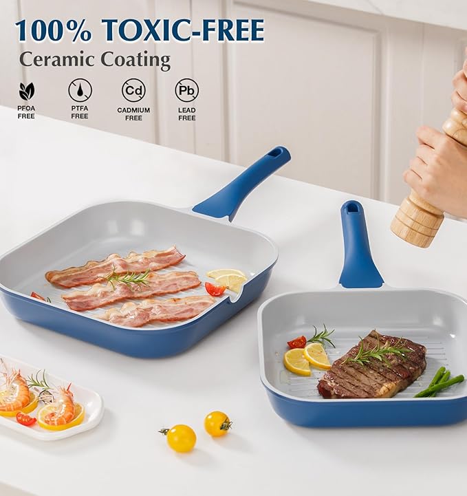 KOCH SYSTEME CS 11 Inch Nonstick Grill Pan for Stove Tops, Square Griddle Pan with Pour Spouts, Grill Pan for Indoor Cooking, Grill Skillet with Bakelite Handle, PTFE & PFOA Free, Blue