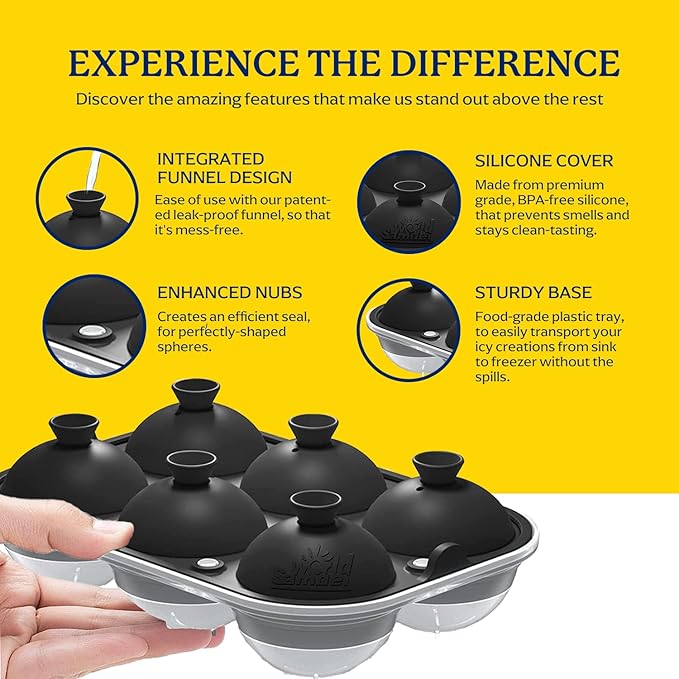 Samuelworld Large Ice Ball Maker with Lid, 6 x 2.5 Inch Ice Balls - BPA Free, Easy To Fill Round Silicone Ice Tray, Perfect Spheres Craft Ice Maker for Whiskey, Cocktails, Gifting - Black