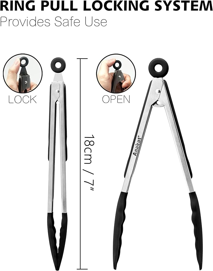 Anaeat 3 Pack 7" Mini Non-Stick Silicone Locking Tongs - Stainless Steel Kitchen Food Tong with Non-Slip Silicone Tips and Grip for Cooking, Baking and BBQ - Heat Resistant up to 480°F (Black)