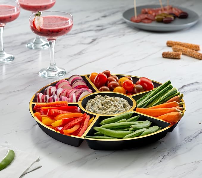 PLASTICPRO 6 Sectional Round Plastic Serving Tray/Platters Black & Gold Pack of 2
