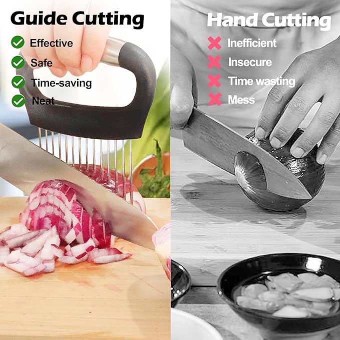 JAYVAR Large Onion Holder for Slicing, Large Onion Cutter Vegetable Chopper, Stainless Steel Tomato Slicer for Potato Lemon, Practical Meat Tenderizer Tool, Kitchen Food Slicer Guide for Neat Slicing