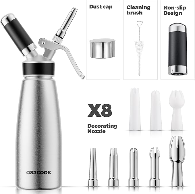 Professional Aluminum Whipped Cream Dispenser - 500 mL/1 Pint,Leak-Free Whipped Cream Maker Canister with 8 Decorating Nozzles & Cleaning Brush - N2O Chargers (Not Included) (Silver, 500ml)