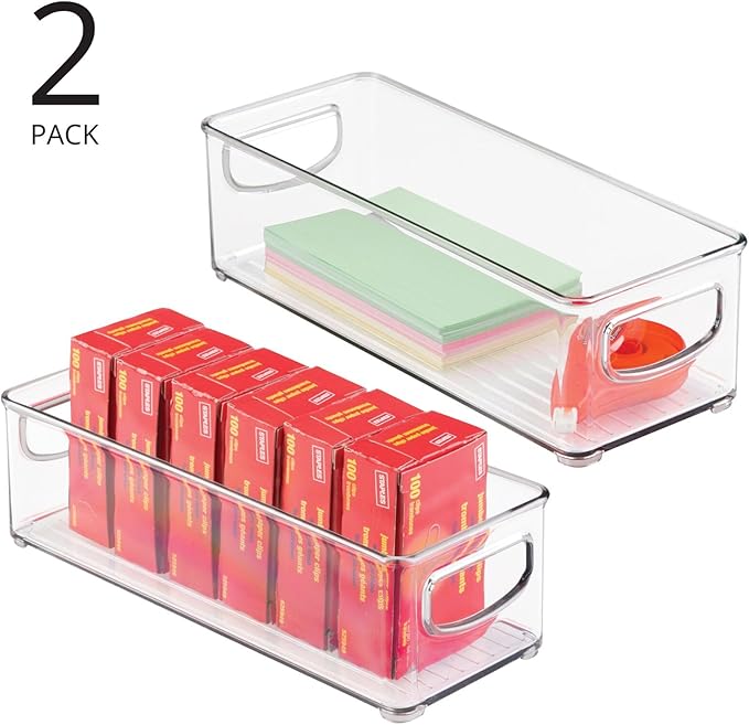 mDesign Small Plastic Office Storage Container Bins with Handles for Organization in Filing Cabinet, Closet Shelf, or Desk Drawers, Organizer for Notes, Pens, Pencils, Ligne Collection, 2 Pack - Clear