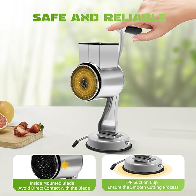 Rotary Cheese Grater Vegetable Potato Slicer Upgrade Stainless steel Rotary Handheld Grater Food Grater with 5 Blades for Vegetable Chesse Chocolate