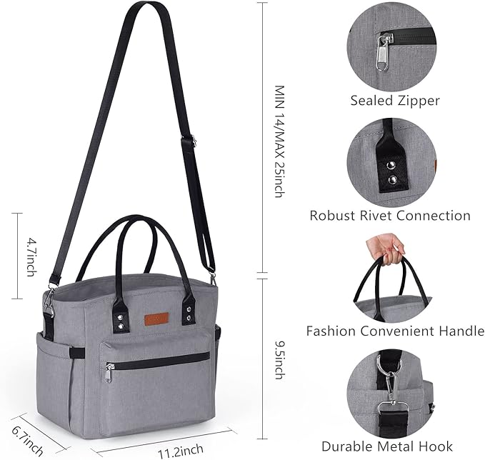 Insulated Lunch Bag for Women Men,Adult Lunch Box for Women with Adjustable Shoulder Strap,Portable Large Lunch Tote Bag for Office Work Picnic Beach,Reusable Lunch Cooler Bag
