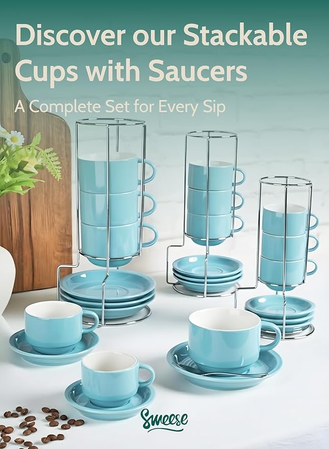 Sweese 4 Ounce Porcelain Stackable Espresso Cups with Saucers and Metal Stand Set of 4, Turquoise
