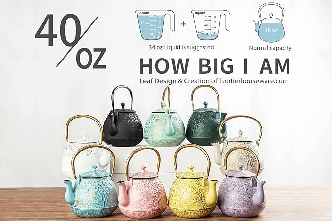 Tea Kettle, TOPTIER Japanese Cast Iron Teapot with Infuser for Loose Leaf and Tea Bags, Stovetop Safe Cast Iron Tea Kettle Coated with Enameled Interior for 40 oz (1200 ml), White