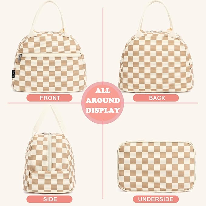 FlowFly Lunch Bag for Women Insulated Lunch Box Corduroy Lunch Tote Cooler for Travel Work Picnic,Corduroy Plaid Khaki