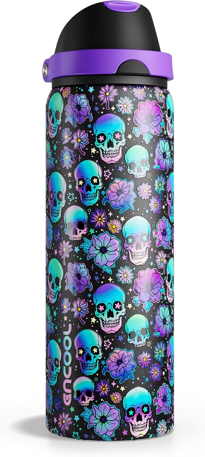 Halloween Insulated Water Bottle with Straw - Stainless Steel Water Bottle with Push Button Lid, Leak-Proof BPA-Free, Keeps Cold for 24 Hours for Halloween gifts, Party (32 oz, Floral Afterlife )