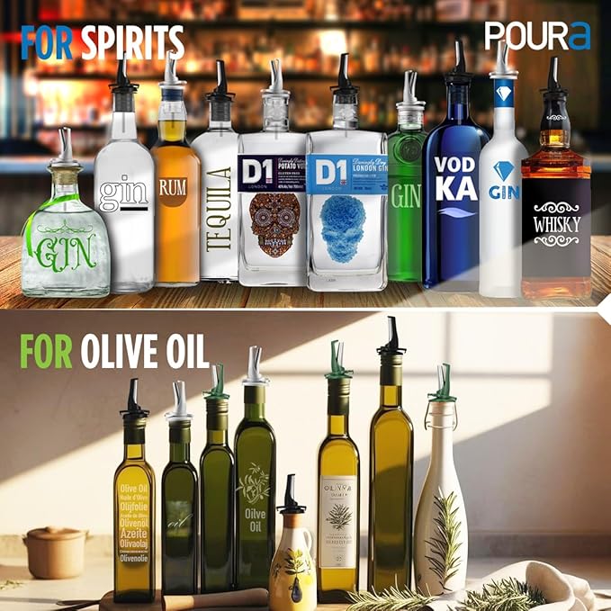 Poura Oil and Vinegar Dispenser Spouts | Airtight ClickSeal BPA Free Bottle Pourers Keeps Oil Fresh with Built-in Caps | Use Your Own Bottles as Vinegar Dispensers | Dishwasher Safe