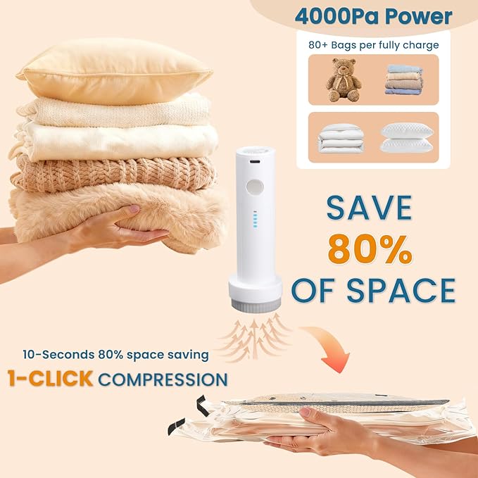 Vacuum Bags for Travel with Rechargeable Electric Pump, 12 PCS (4S,4M,4L) Storage Bags Vacuum Sealed, Space Saver Bags Carry-on Size Compression Packing Bags for Luggage and Suitcase