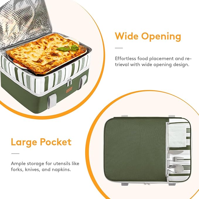LUNCIA Double Decker Insulated Casserole Carrier for Hot or Cold Food, Lasagna Holder Tote for Potluck Parties/Picnic/Cookouts, Fits 9"x13" Baking Dish, Dark Green