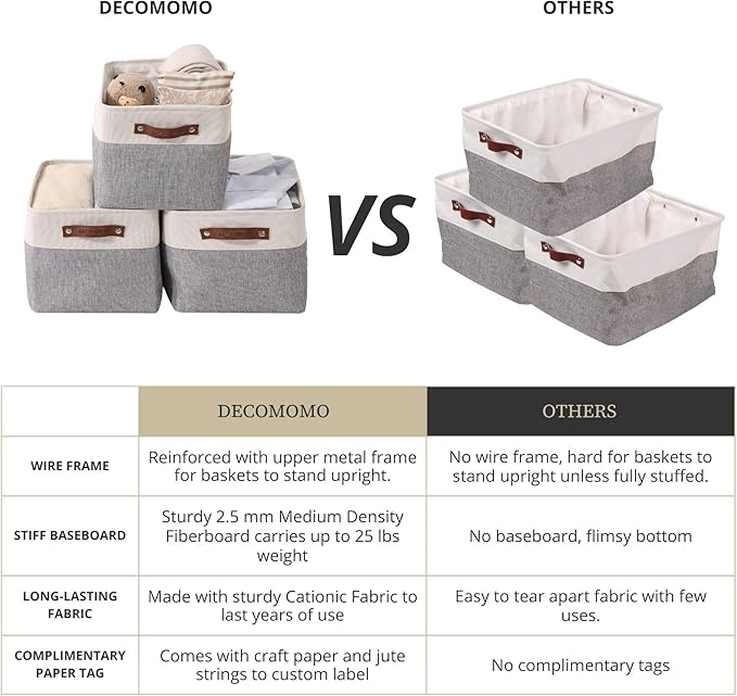 DECOMOMO Storage Baskets for Shelves - Fabric Storage Bins, Linen Closet Organizers and Storage (Grey & White, Large - 4 Pack)