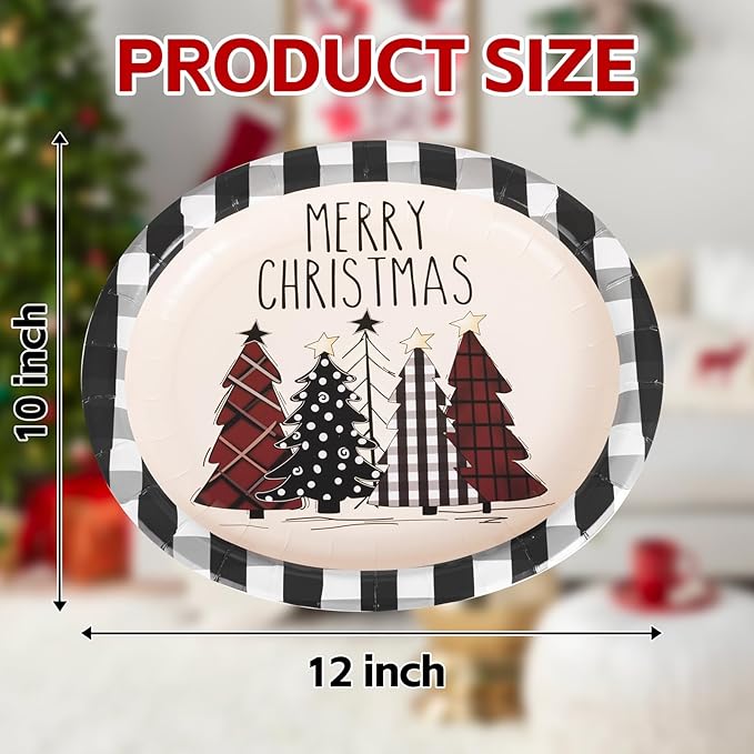 WDF 50Pack Christmas Paper Plates - 10"x12" Christmas Tree Plates Christmas Oval Paper Checkered Plates - Dinner Size Large Disposable Platter Heavy Duty for Happy Christmas Serving