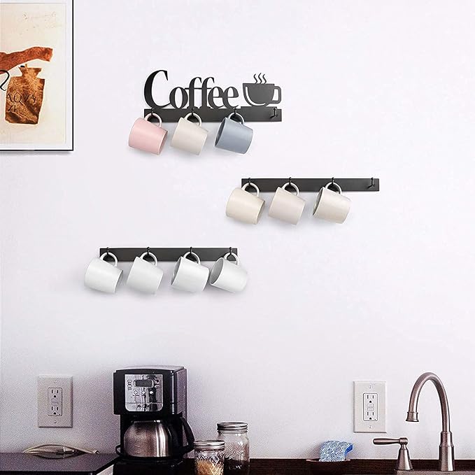 HULISEN Coffee Mug Wall Rack, Coffee Cup Holder Wall Mounted with 12 Heavy Duty Hooks and Metal Coffee Sign, Rustproof Tea Cup Hanger Display Decor for Coffee Bar, Kitchen, Office