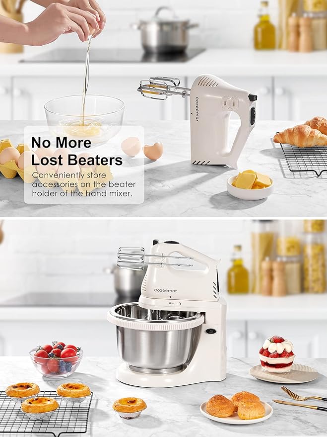 2 in 1 Hand Mixers Kitchen Electric Stand mixer with bowl 3 Quart, electric mixer handheld for Everyday Use, Dough Hooks & Mixer Beaters for Frosting, Meringues & More (White-S)