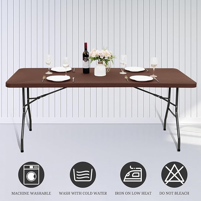 6 Pack Stretch Fabric Table Top Cap Cover, fits 6' Tables, Spandex Table Covers Washable Elastic Rectangle Tablecloth Protector for Indoor Outdoor Party Picnic Wedding, Coffee, 30" W x 72" L