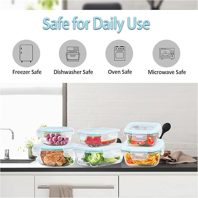 Glass Food Storage Containers with Lids Airtight 6 Pack, Glass Storage Containers with Lids for Food, Not Easy Broken & Leak Proof, Oven/Dishwasher Safe, Blue