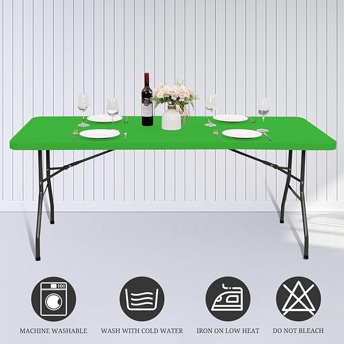 10 Pack Fitted Tablecloth for 8 Foot Rectangle Tables, Green Elastic Outdoor Picnic Table Cover, Washable Stretch Folding Table Cloths 8 ft for Camping Party Patio Kitchen Banquet, 30" W x 96" L