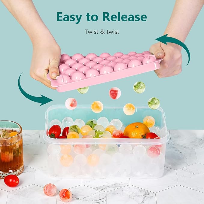 3 Pack Ice Trays for Freezer, 99 PCS Ice Cube Tray with Lid and Bin, Round Ice Cube Mold, Circle Ice Maker for Chilling Drinks (1 inch, Pink)