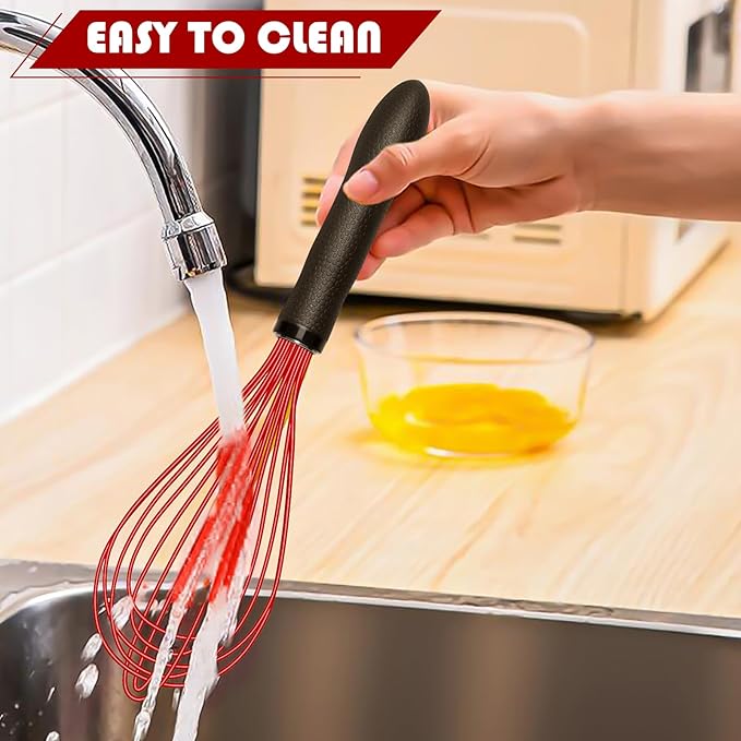 TEEVEA Silicone Whisk Non Scratch Wisking Tool, Metal Wire Stainless Steel Whisk - Small Mini Heat Resistant - Black & Red, 11-Inch