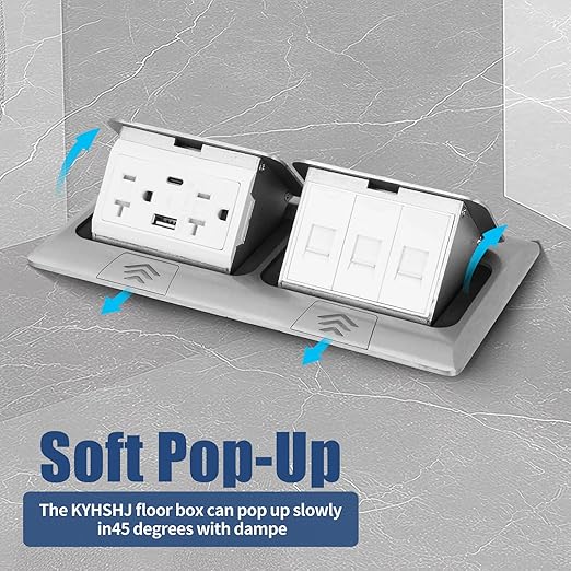 KYHSHJ USB Pop Up Floor Socket Kit with 2 * 20A Receptacle，4.8A 1 USB-A Ports &1 USB-C Port，3-Port RJ45 Datacom Receptacle，Corrosive Resistant Hardware,Silver