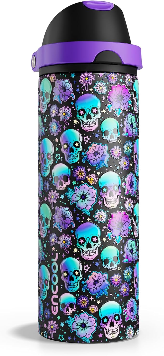 Halloween Insulated Water Bottle with Straw - Stainless Steel Water Bottle with Push Button Lid, Leak-Proof BPA-Free, Keeps Cold for 24 Hours for Halloween gifts, Party (24 oz, Floral Afterlife)