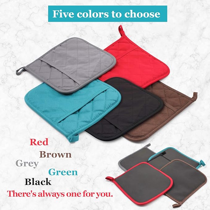 Cotton and Neoprene Oven Pads Pot Holders with Pocket 8"x8.5" Dual-Function Hot Pad Set for Finger Hand Wrist Protection Heat Resistant to 428°F Brown