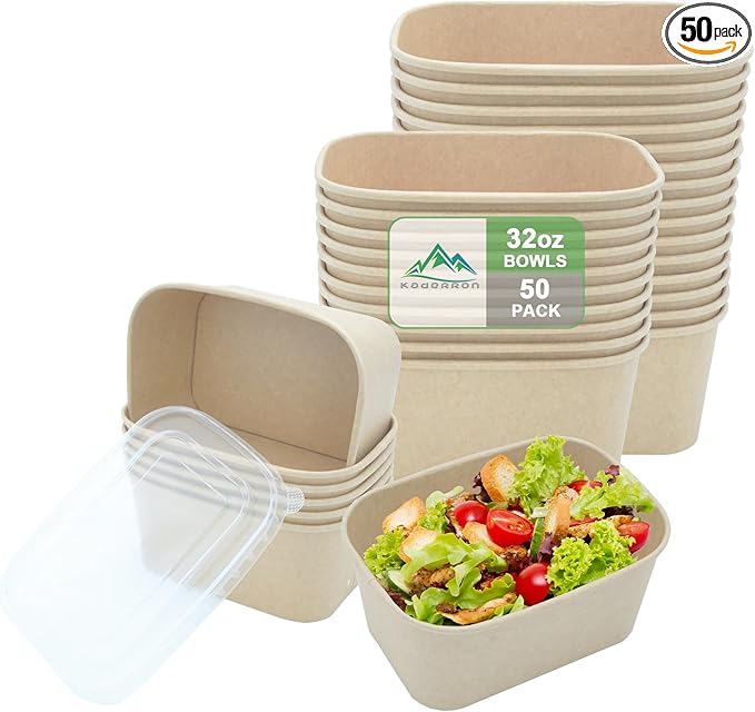 50 Pack 32 OZ Large Paper Bowls with Lids, Heavy Duty Disposable Compostable Container for Party, Disposable Bowls Bulk Soak-Proof and Microwave Safe for Hot/Cold Use(32OZ-50PACK)
