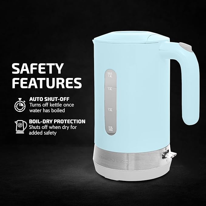 OVENTE 1.8L Electric Kettle, 1500W Fast Boiling Heater for Coffee or Tea, BPA Free, Easy to Fill Lid, Water Level Window, Auto Shut-Off, Boil-Dry Protection and Removable Filter, Blue KP413LBL