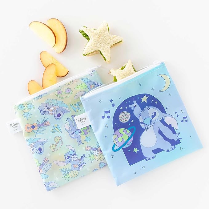 Bumkins Reusable Sandwich and Snack Bags, for Kids School Lunch and for Adults Portion, Washable Fabric, Waterproof Cloth Zip Bag, Travel Pouch, Food-Safe Storage, Large 2-pk, Disney Stitch