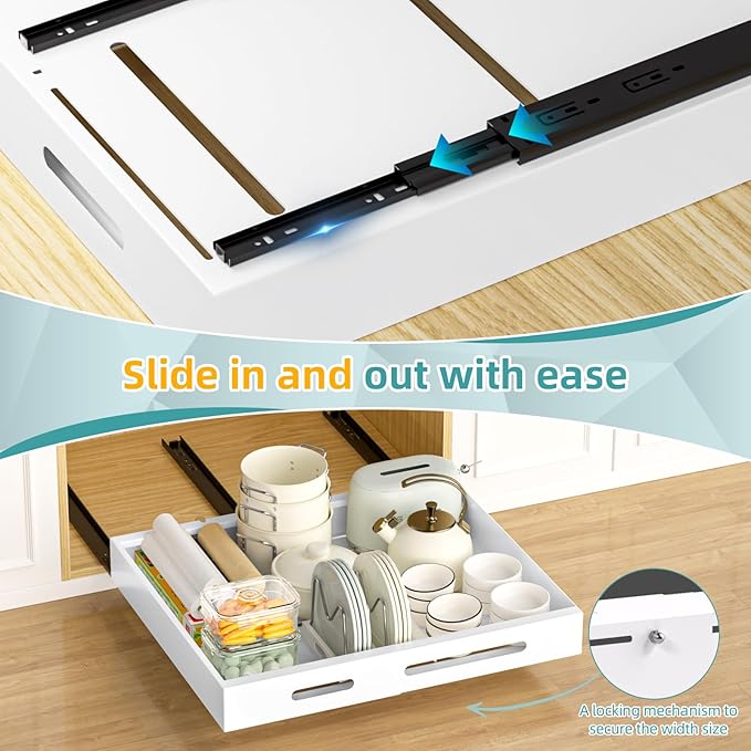 HBL' 1 Pack | 21" Deep Pull Out Cabinet Organizer Adhesive, (13.8" to 22.0") Width Expandable Sturdy Carbon Steel Roll-Out Drawers for Face Frame or Frameless Cabinets,Slide-Out Shelves for Pantry.