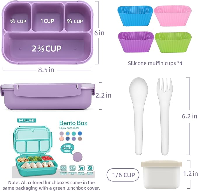 QQKO Bento Box Adult Lunch Box, Lunch Containers for Adults Men Women, Kids Lunch Boxes for School with 4 Compartments, Sauce Container, Utensils and Muffin Cups, Purple