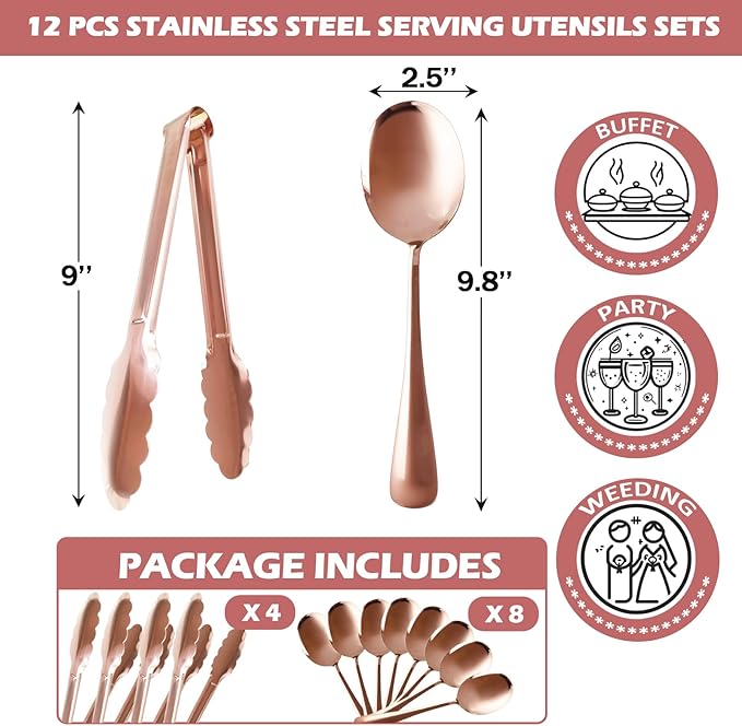 12PCS Stainless Steel Serving Utensils Sets with 8 Large Serving Spoons,4 Serving Tongs,Rose Gold Serving Utensills Sets for Buffet Catering Banquet Party (Rose Gold)