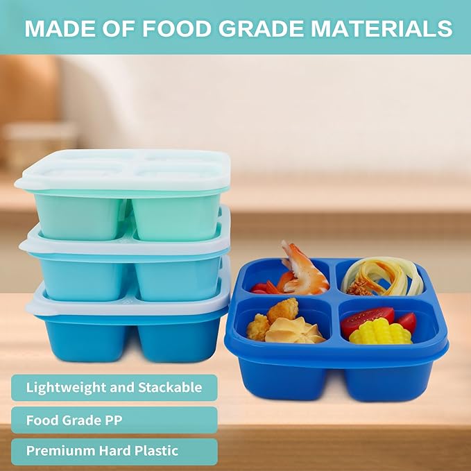 Finorder 4 Pack 4-Compartment Food Containers For Adults, Reusalble Lunchable Containers for Office Picnic, Meal Prep Containers Snack Bento Box