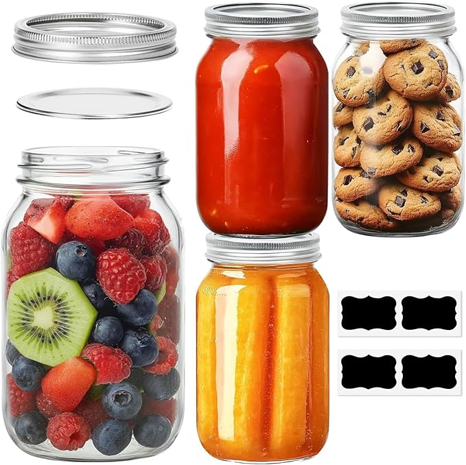 ComSaf Wide Mouth Mason Jars 32 oz with Lids 4 Pcs, Quart Mason Jars with Seal Band, Large Glass Jar, Big Canning Containers for Pickles, Jams, Sauces, Salsa, Sourdough, Juice, Suntea, Food Storage