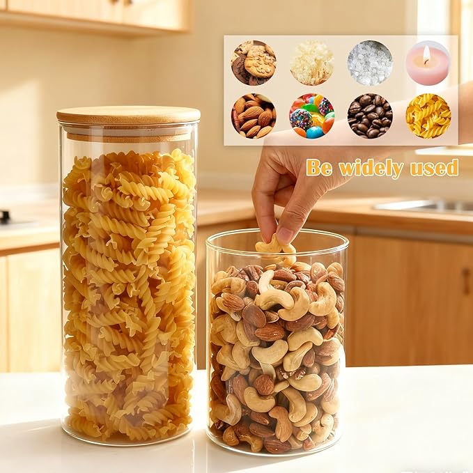 Airtight Glass Jars with Bamboo Lids, Glass Food Storage Containers Set - Set of 5 Kitchen Canisters for Sugar, Candy, Cookie, Rice and Spice Jars