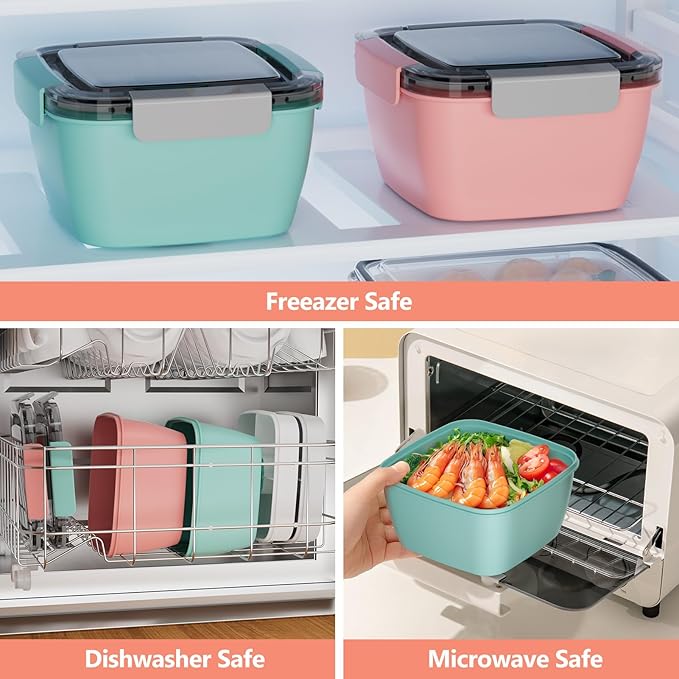 Cherrysea Salad Lunch Box, 2Pack Bowls with 3 Compartments, Leak Proof with Fork & Sauce Container - Green+Pink