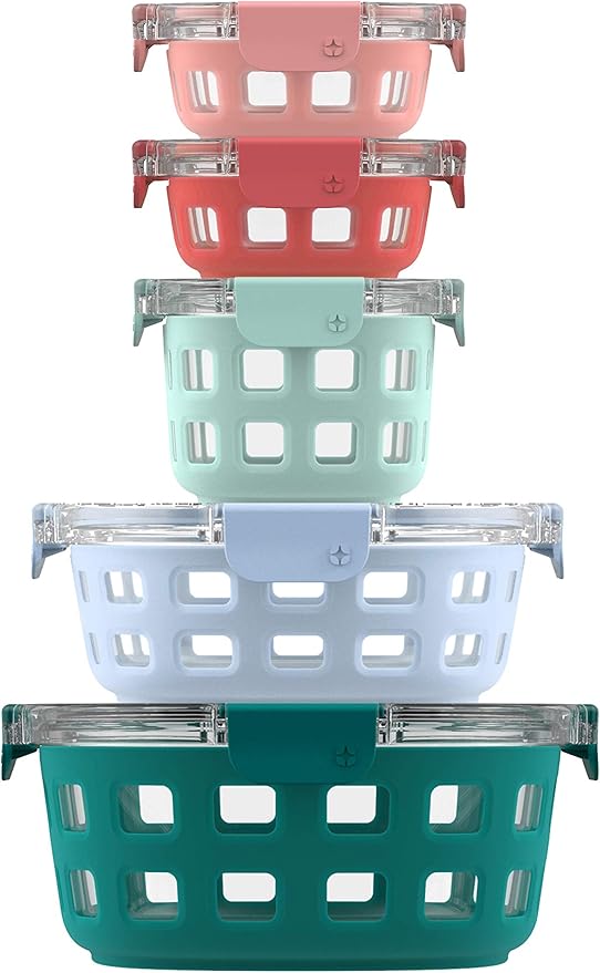 Ello Duraglass Mixed Meal Prep Sets Leak-Proof Glass Food Storage Containers with Silicone Sleeves and Airtight BPA-Free Lids, Dishwasher, Microwave, and Freezer Safe