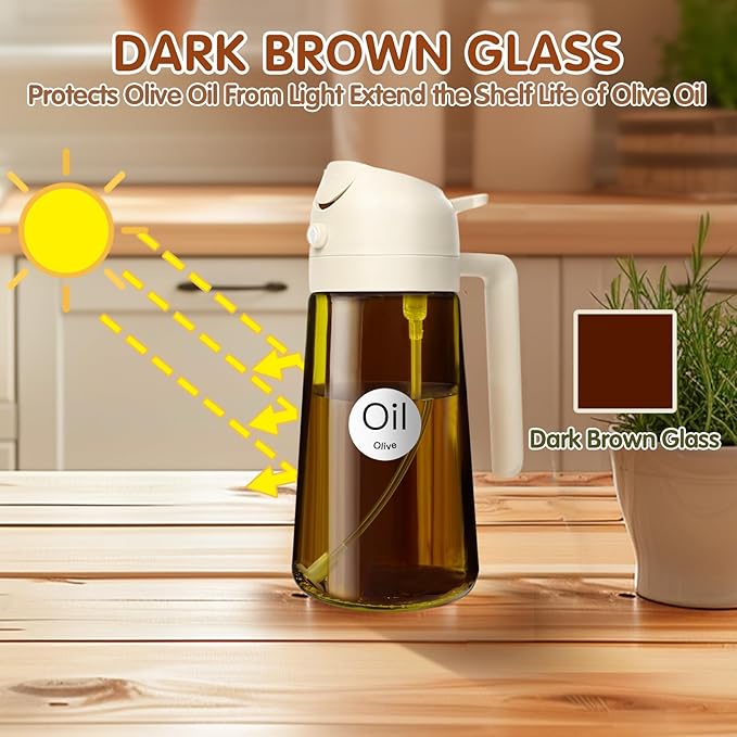 YARRAMATE 16oz/470ml Light Blocking Oil Sprayer for Cooking with Stickers, Food-Grade 2 in 1 Olive Oil Dispenser Bottle for Kitchen, Premium Dark Amber Glass Oil Bottle for Air Fryer, BBQ(White)
