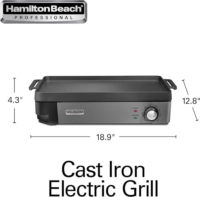 Hamilton Beach Professional Cast Iron Indoor Electric Grill & Griddle, 10" x 16" Preseasoned Cooking Surface, Adjustable Temperature up to 450° F, Black (38560)