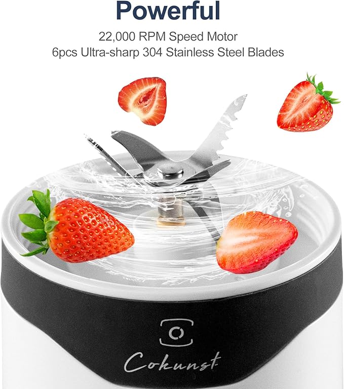 COKUNST Portable, 18 oz Personal for Smoothies and Shakes, USB Rechargeable Small with Powerful 6 Blades, Mini Single Cup with Extra Lid for Travel Gym Kitchen - Black