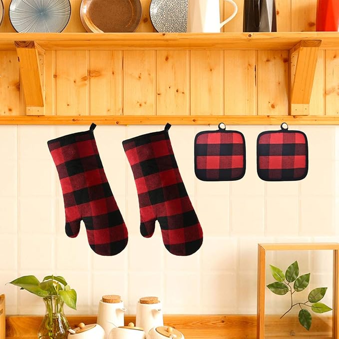 Oven Mitts and Potholders BBQ Gloves-Oven Mitts and Pot Holders with Recycled Infill Silicone Non-Slip Cooking Gloves for Cooking Baking Grilling (4-Piece Set) (Black/Red)
