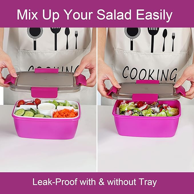 Caperci Large Salad Container Bowl for Lunch - Better Adult Bento Lunch Box 68 oz, 5-Compartment Tray, 2pcs 3-oz Sauce Cups, Stackable, BPA-Free (Purple)
