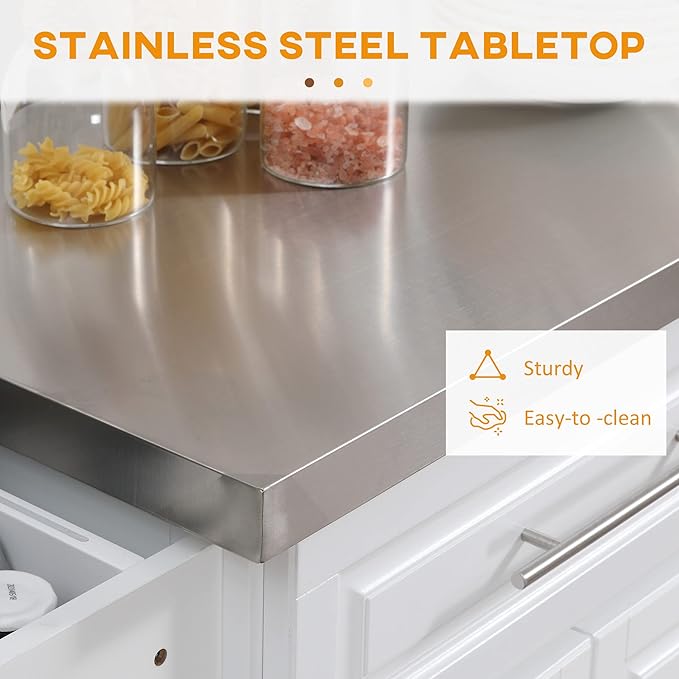 HOMCOM Rolling Kitchen Island Cart with Wheels, Portable Island Table for Kitchen with Stainless Steel Top, Adjustable Shelves, 2 Drawers, Spice, Knife and Towel Rack, White