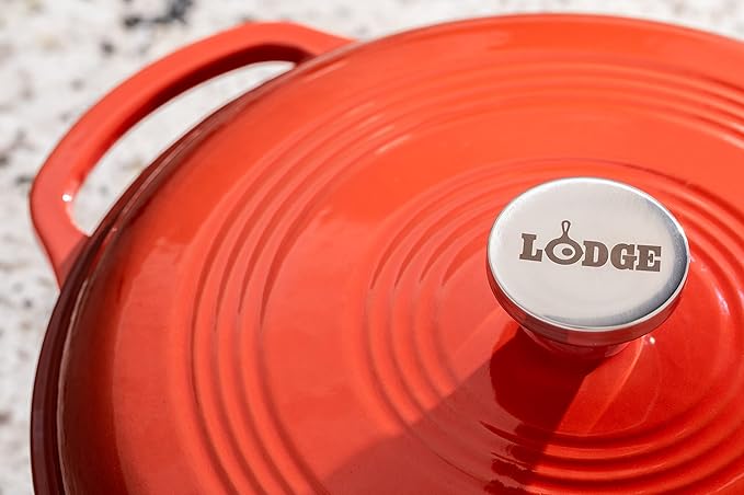 Lodge 7.5 Quart Enameled Cast Iron Dutch Oven with Lid – Dual Handles – Oven Safe up to 500° F or on Stovetop - Use to Marinate, Cook, Bake, Refrigerate and Serve – Poppy