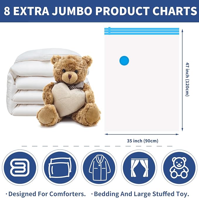 8 Pack XXL Jumbo Vacuum Storage Bags, Extra Jumbo Space Saver Bags Compression for Comforters, Bedding and Blankets, Extra Large Vacuum Sealed Bags for Huge Stuffed Toy (47x35 in)