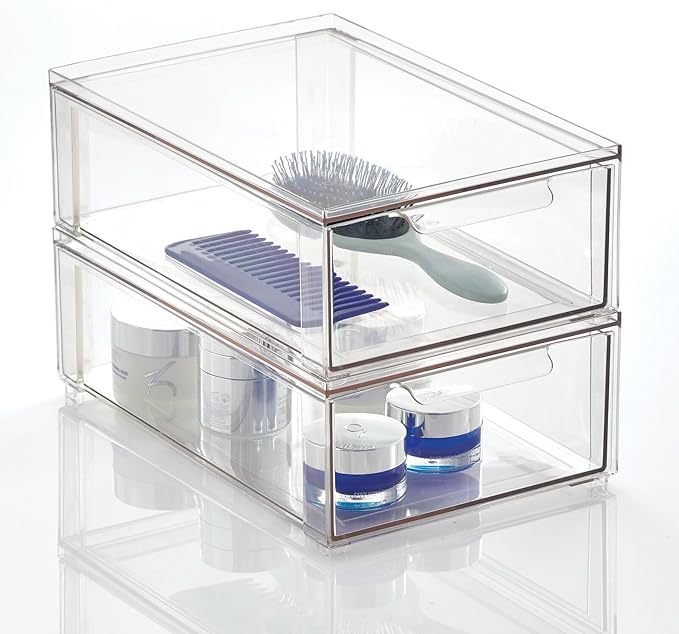 mDesign Plastic Stackable Bathroom Storage Organizer Bin with Pull Out Drawer for Cabinet, Vanity, Shelf, Cupboard, Cabinet, or Closet Organization - Lumiere Collection - 8 Pack - (Clear, 8 x 12 x 4)