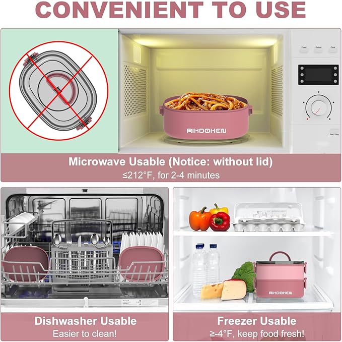 Lunch Box, Stackable 2 Layers Containers, Portable 64OZ Large Capacity Leakproof Bento Box with Spoon & Fork & Sauce Boxes, Microwave Safe Lunch Box for Kids and Adults